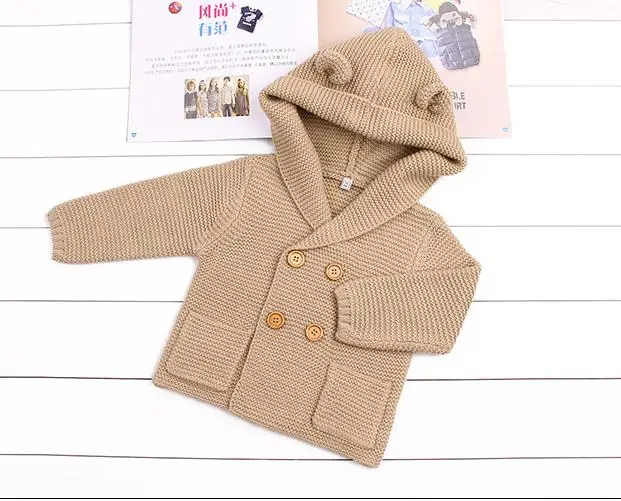 Новая мода на возраст от 0 до 24 месяцев Одежда для маленьких мальчиков и девочек свитер осень-зима с длинными рукавами куртка с капюшоном однотонные милые теплые Вязание пальто