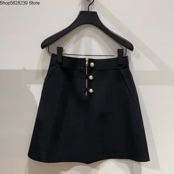 

French Elegant 2020 Pearl Decoration Solid Color Joker Women's Wear A Word Half Body Short Skirt 190438