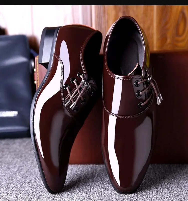 Classic 6cm Men High Heel Shoes Formal Mens Party Loafers Brown Patent Leather Dress Shoes Men Oxfords Fashion Mens Pointy Shoes