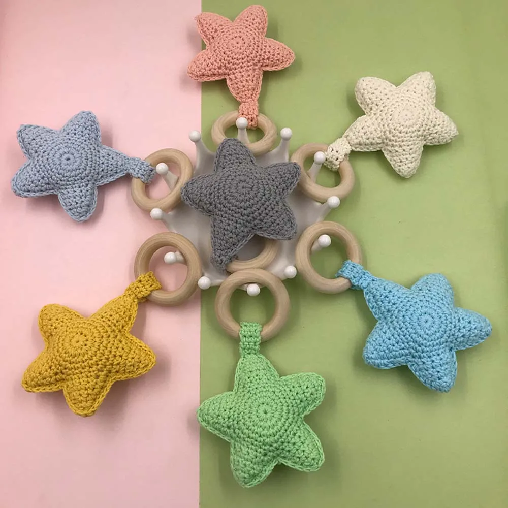 

Baby Teethers Ring Chewing Teether Crochet Knitted Safety Wooden Natural Star Sensory Toys Gift Teething Toy