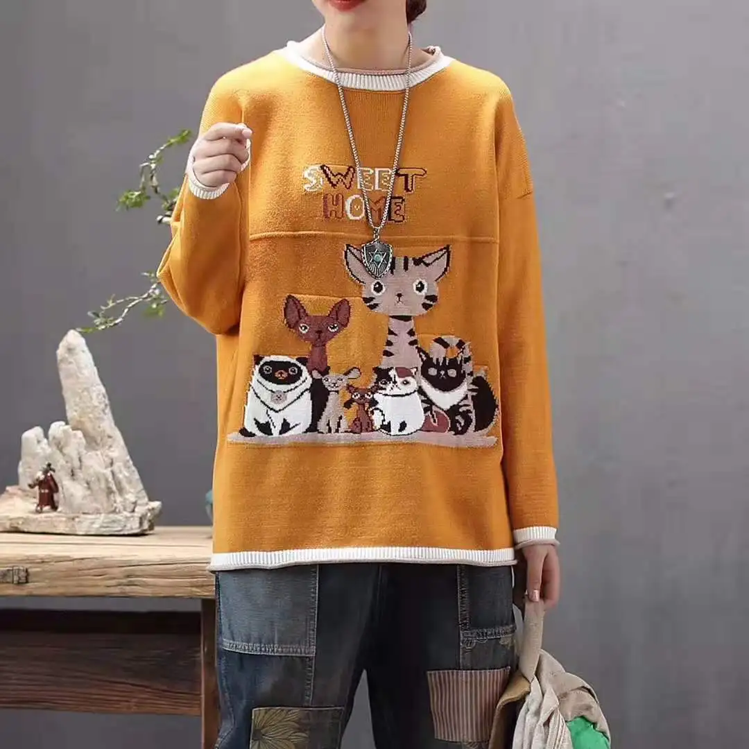 Женский вязаный свитер с круглым вырезом и длинными рукавами в стиле ретро