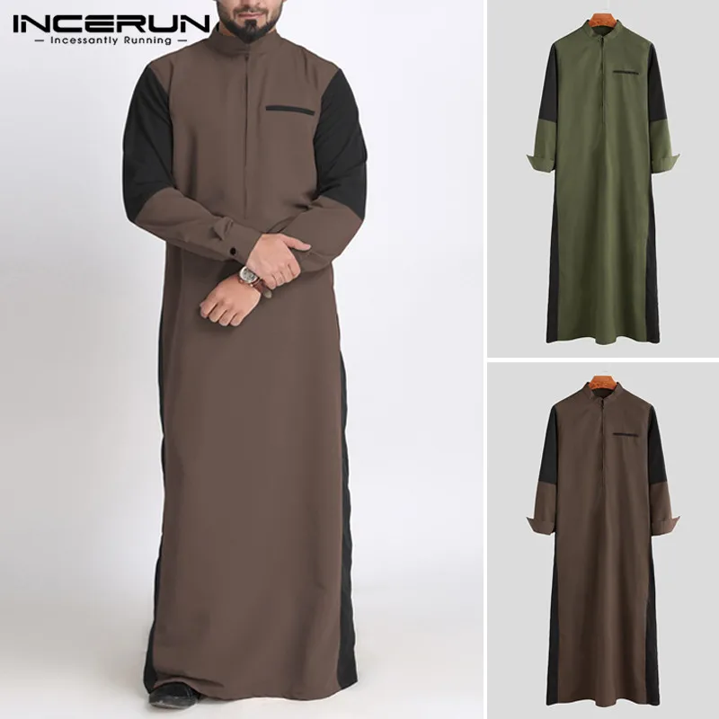 

INCERUN Vintage Men Muslim Kaftan Stand Collar Patchwork Long Sleeve Robes Casual Arabic Islamic Jubba Thobe Men Clothing S-5XL