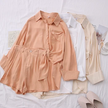 

New fashion wild loose long-sleeved shirt sunscreen shirt + high waist was thin shorts two-piece female