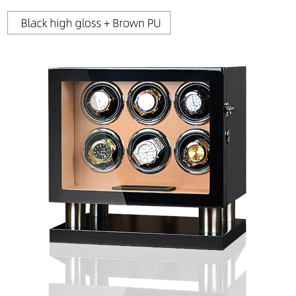 Новые часы winder 6 автоматические часы коробка с подзаводом поворотный дисплей часы с USB мощность и ЖК сенсорный экран для мужчин подарок на день рождения - Цвет: Black with Brown