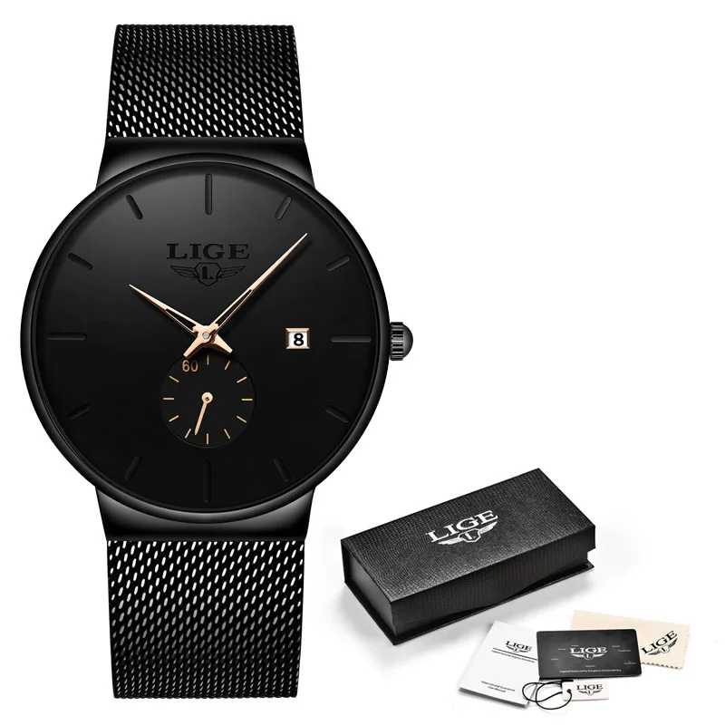 Новые LIGE Модные мужские s часы лучший бренд Роскошные черные кварцевые часы для мужчин военные водонепроницаемые тонкие часы Relogio Masculino - Цвет: black rose