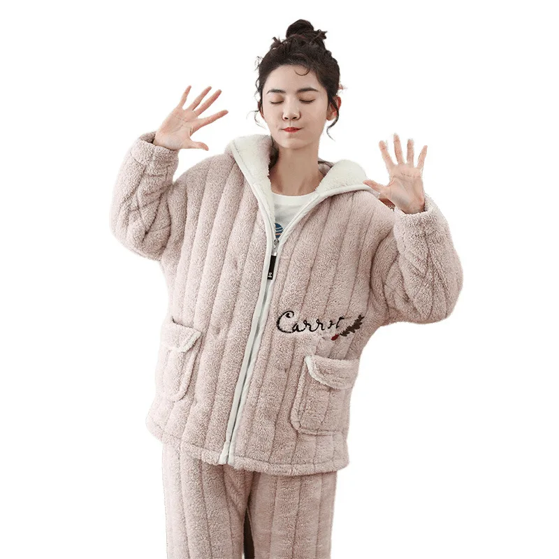 

Pajamas women's winter warmth and thick three-layer quilted coral fleece hood can be worn outside home clothes home