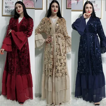 

WEPBEL Women Dress Open Muslim Glitter Sequined Cardigan Elegant Gown Fashion Trumpet Sleeves Sequins Dress Ramadan