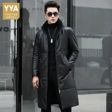 Лидирующий бренд, зимние мужские пуховики из натуральной кожи, модные повседневные теплые мужские пальто средней длины из воловьей кожи с воротником-стойкой размера плюс