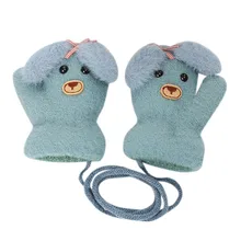 Детские перчатки для мальчиков и девочек, зимние теплые митенки с милыми рисунками животных из мультфильмов, вязаные перчатки с лямкой на шее, перчатки для От 0 до 2 лет детей#3