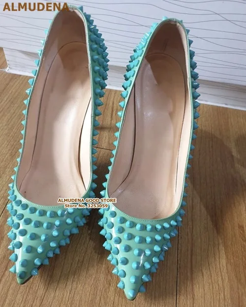 12cm heel as picture ALMUDENA, 8, 10, 12 см; туфли на шпильке с острым носком и заклепками; красные, розовые, черные свадебные туфли с шипами; модельные туфли-лодочки с шипами; размер 45 - Цвет: 12cm heel as picture