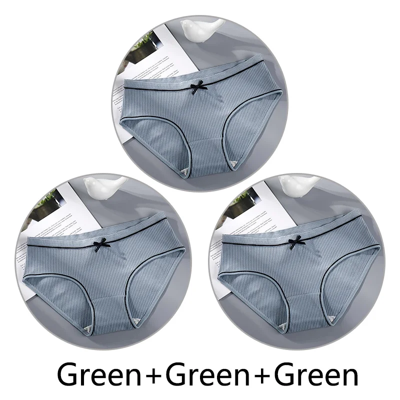 Green X 3 3 шт./партия, хлопковое нижнее белье, женские однотонные сексуальные трусы, бесшовные, средняя посадка, трусики, женское нижнее белье, мягкие интимные трусики с бантом - Цвет: Green X 3