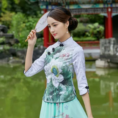 light purple tops Sheng Coco китайская блузка с принтом птиц цветов Cheongsam куртка китайский стиль Qipao Костюм Deux кусок Chinois традиционные рубашки - Color: light purple tops