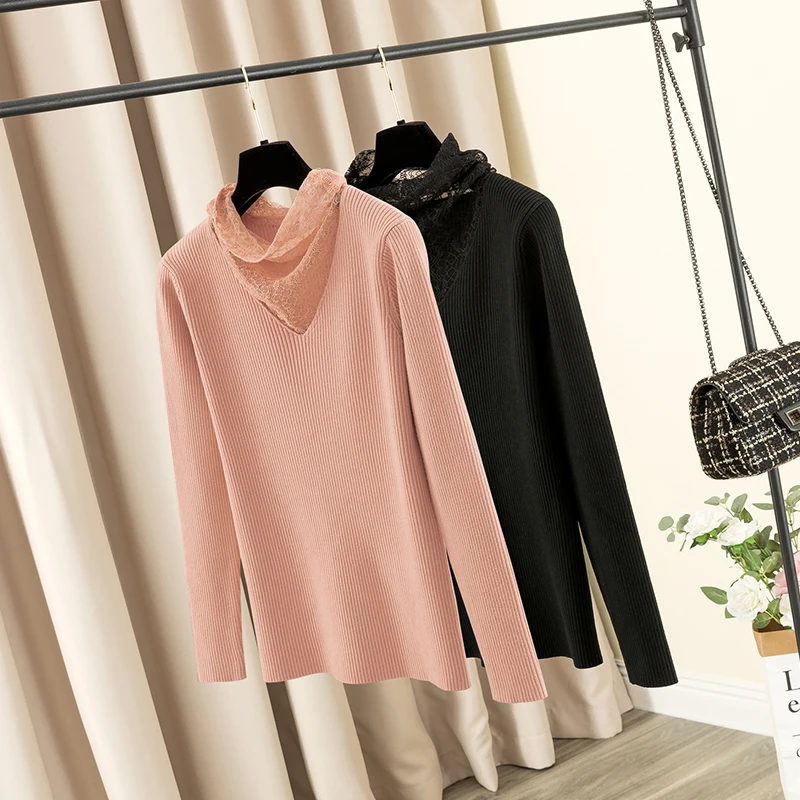 GIGOGOU Lace Stitching Sweater Women Winter Pullover Top Thick V Neck Soft Knit Jumper Chic Long Sleeve Christmas Sweate | Женская