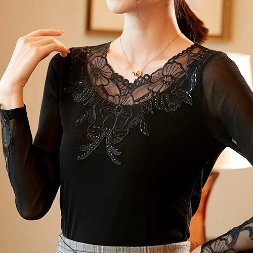Черный Осень сетка blusas mujer de moda длинный рукав полые кружевные топы элегантные тонкие плюс размер блузки женские топы и рубашки - Цвет: Черный