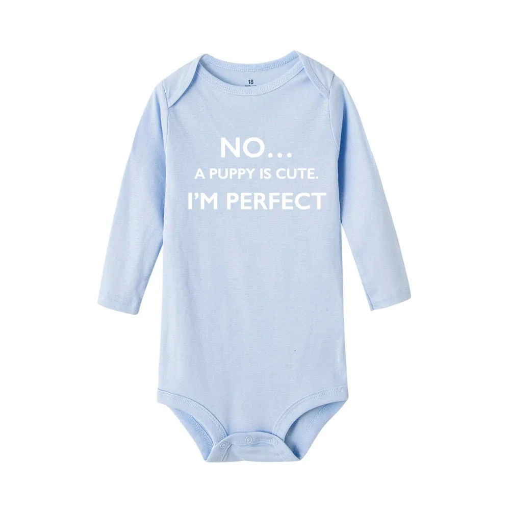 Милый хлопковый комбинезон с длинными рукавами и надписью «NO A Puppy Is Cute I'm Perfect Infant»; Забавный комбинезон для малышей; комбинезон с буквенным принтом для новорожденных