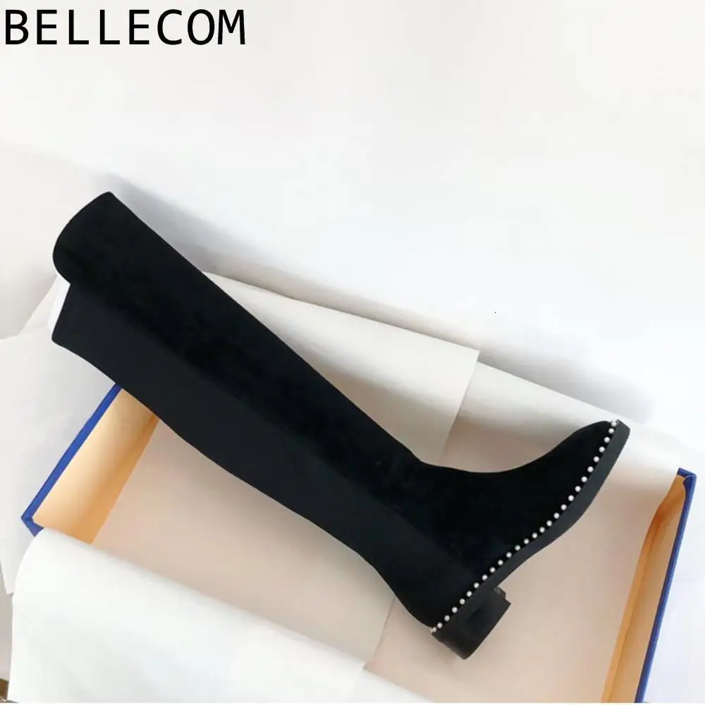 

BELLECOM 4.5cm Square With Elastic Force Boots Woman Stovepipe Boots Mi Pearl Elastic Force Overknee Boots High Boots