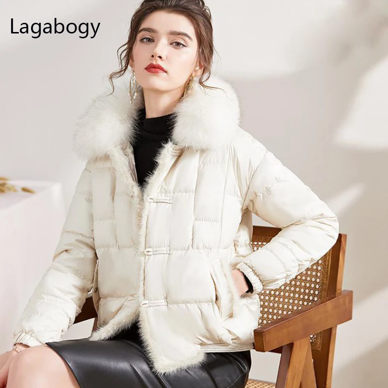 Lagabogy 2024Real Fox Fur Collar Winter Women 90%White Duck Down Jacket Ladies Short Warm Puffer Coat Female Loose Vintage Parka 2