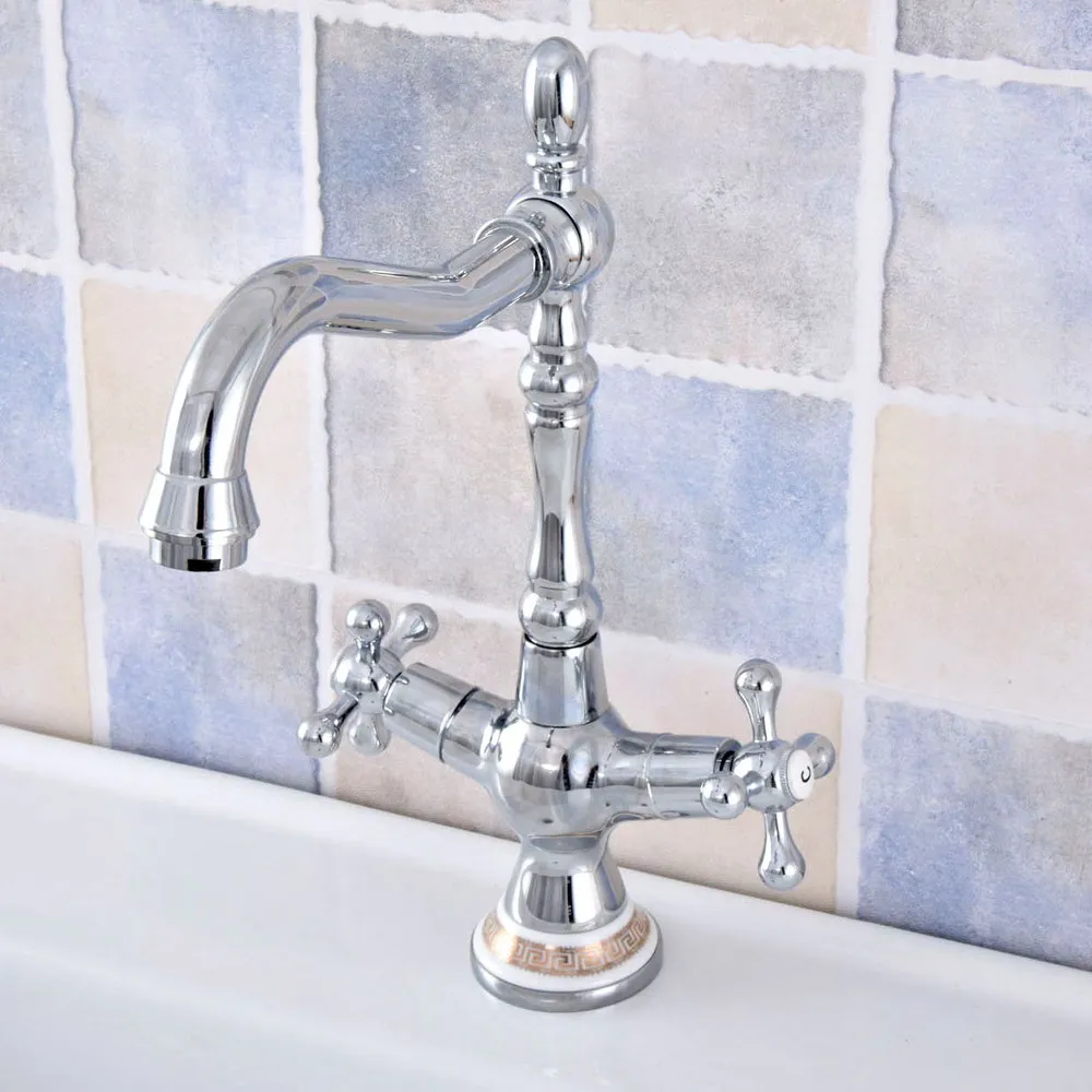 

Polished Chrome Brass Bathroom Kitchen Basin Sink Faucet Mixer Tap Swivel Spout Dual Cross Handles Ceramic Base One Hole msf666