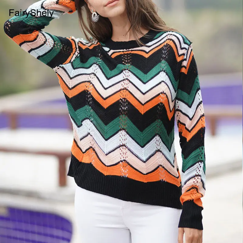 

Autumn Winter Rainbow Knitted Sweater Women 2019 O-Neck Casual Loose Oversize Cashmere Sweater Pullovers Long Sleeve Female Tops