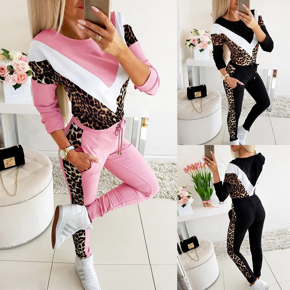 

Womens Tracksuit Set Sexy Leopard Patchwork Long Sleeve Women Pullover Elastic Waist Woman Pants 2 Piece Outfits for Women
