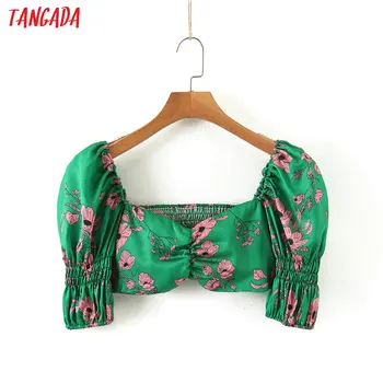 

Tangada women retro slim floral print green blouse short sleeve chic female sexy shirt blusas femininas SL85