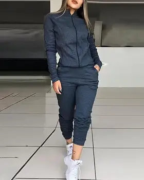 

Solid Zipped Top & Slinky Pant Sets Women Solid Two Piece Set Tracksuit