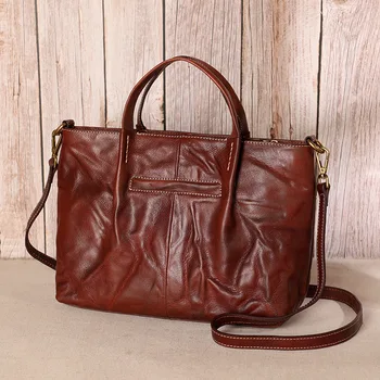 

HUGWISER New Hand-Made Leather Retro Generous Women Handbag Full-Grain Leather Large Capacity Solid Shoulder Bag Graceful