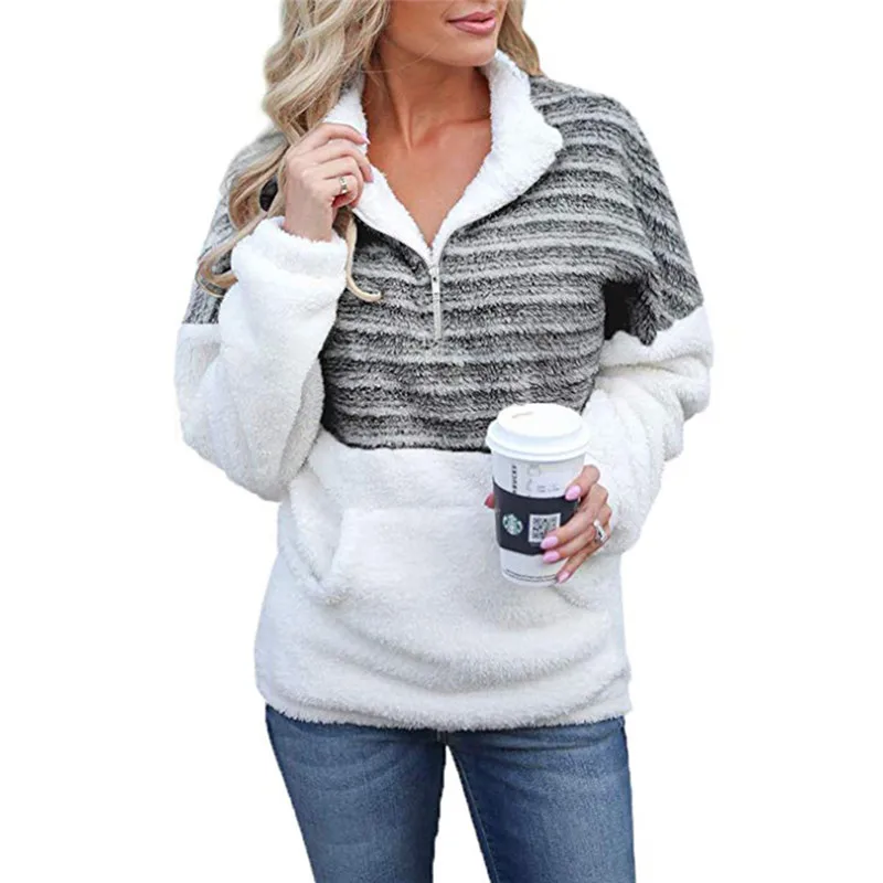 

YELITE 2019 Autumn Winter Warm Clothing Female Jacket Plush Coat Artificial Fluffy Fleece Stripe Pullover Women Zippers Hoodies