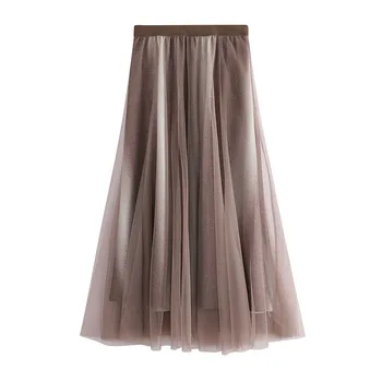 

Women Long Autumn Skirt WF0159 Black Pink Khaki Gradient Elegant Korea Style Tulle Skirt