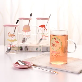 

Cartoon Flamingo Transparent Glass Cute Breakfast Milk Cup Borosilicate Heat Resistant Drinking Cups 350ml Home Juice Coffee Mug