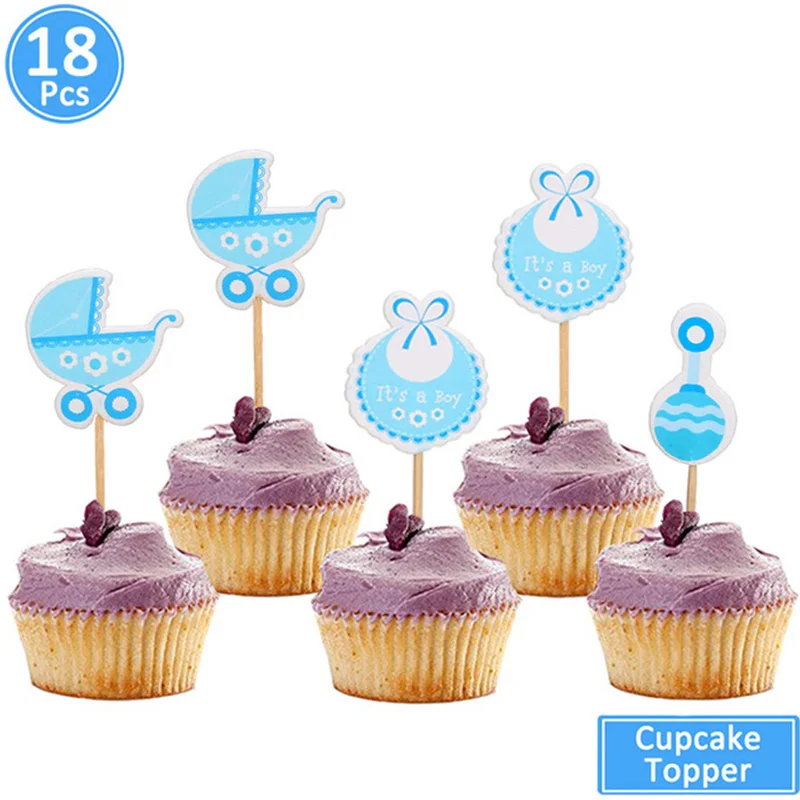 18pcs blue boy Украшения для детского душа бумага со слоном Торт Топперы его девочка мальчик Babyshower вечерние принадлежности пол раскрыть розовый синий - Цвет: 18pcs blue boy