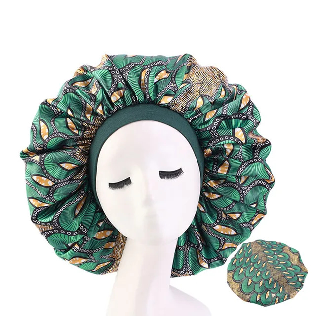 New Women Big Size Beauty print Satin Silky Bonnet Sleep Night Cap Head Cover Bonnet Hat for For Curly Springy Hair Black 408C peacock Green