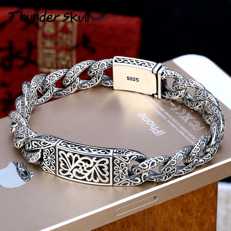 

Solid 925 Sterling Silver Men's Personality Bracelet Thai Silver Retro Domineering Punk Tide Bracelet Pattern Whip Chain Gifts