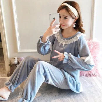 

Coral Fleece Winter Princess Sleepwear 2pcs Cute Nightwear Home Lounge Comfortable Pajamas For Women Pijama Mujer пижама женская