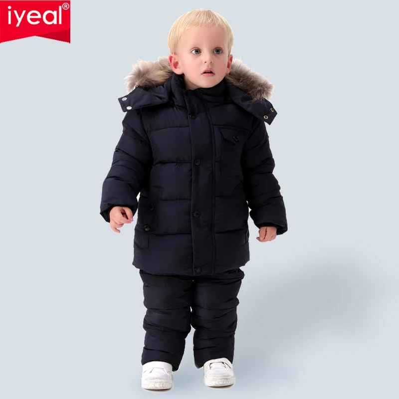 

IYEAL Russia Winter Warm Children Clothing Sets for Boys Natural Fur Down Cotton Snow Wear Windproof Ski Suit Kids Baby Clothes