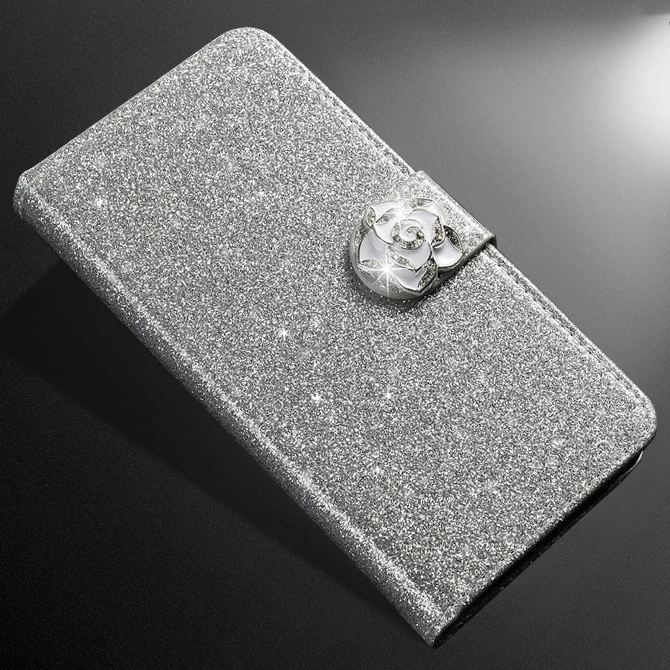 Silver Camellia Роскошный модный, с украшениями в виде бриллиантов, блестящий чехол для Xiaomi Redmi 6 7 4 K20 pro Go 8A, роскошный чехол-книжка из искусственной кожи - Цвет: Silver Camellia