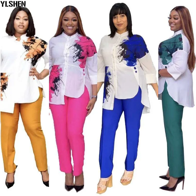 African Women Sets Print Long Sleeve Blazer T-shirt Pants Suits Office Lady Elegant 2 Piece Set Business Outfits Africa Clothing 06