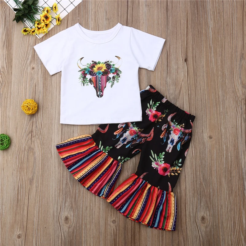 Новый комплект одежды для маленьких детей футболка с цветочным принтом девочек