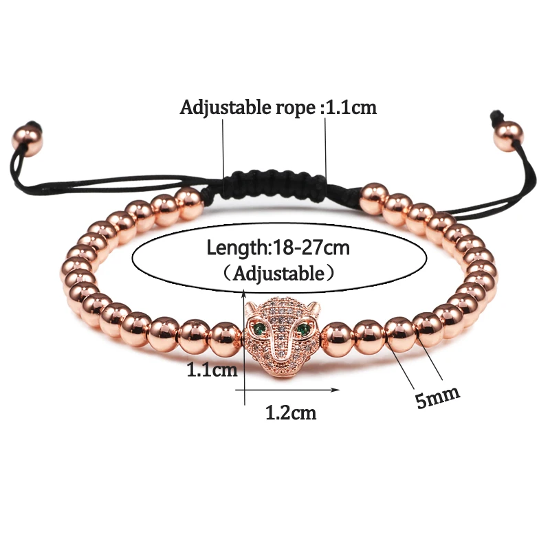Adjustable Gold Color Micro Pave Bracelets Crystal Copper Ball Beads Leopard head Bracelet Handmade Weave Macrame Male Jewelry