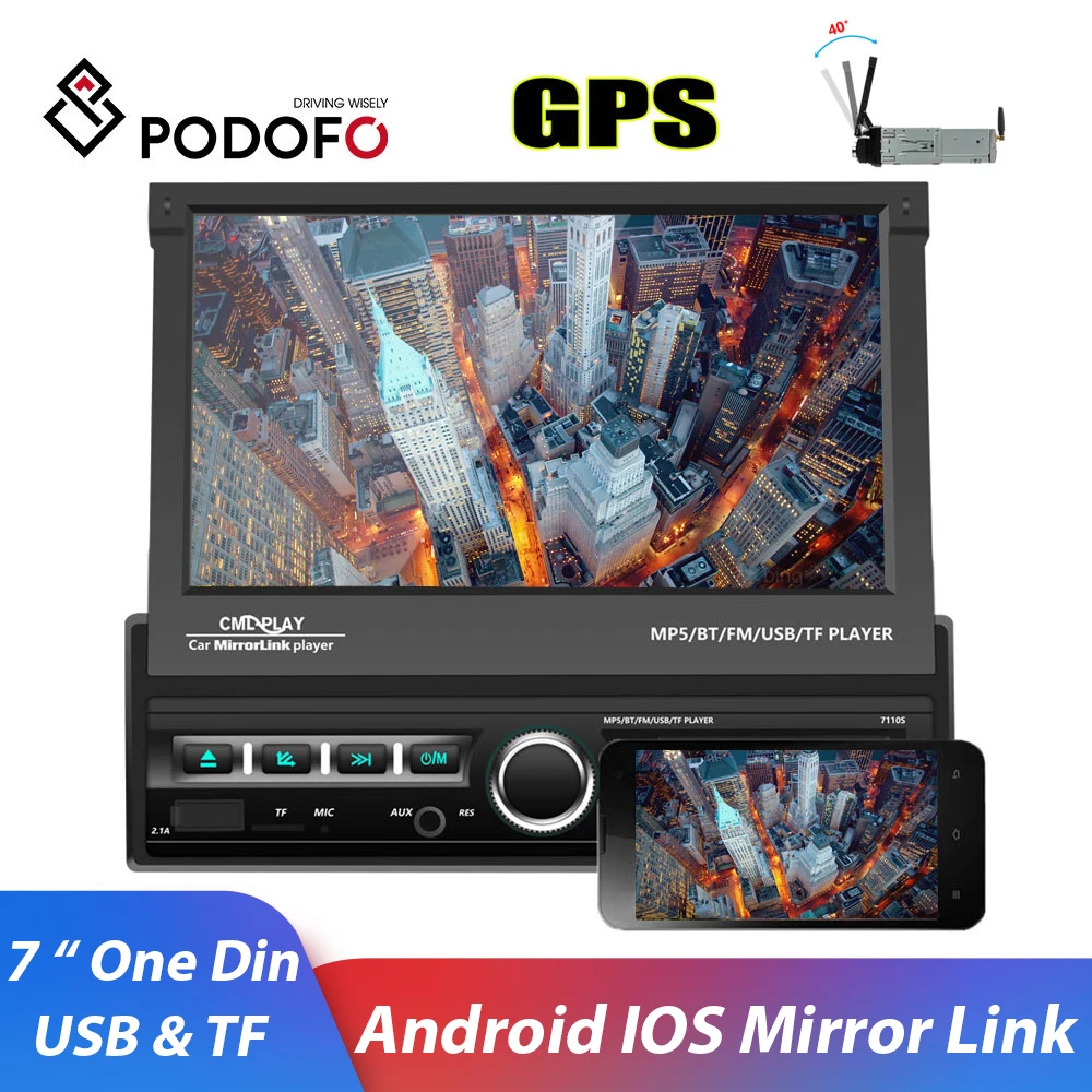 Автомагнитола Podofo 1 Din 7 дюймов GPS Android IOS Mirror Link автомобильный мультимедийный плеер сенсорный экран Bluetooth USB FM