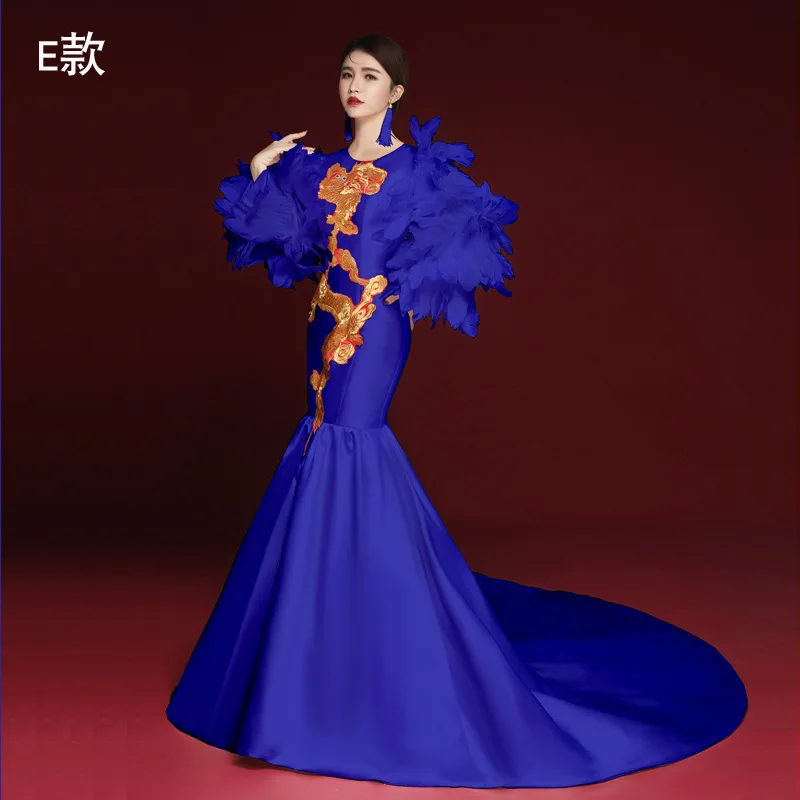 Современный длинный шлейф Cheongsam сексуальный русалка китайский вечерние платья синий вышитый Qipao невесты Восточный свадебное платье