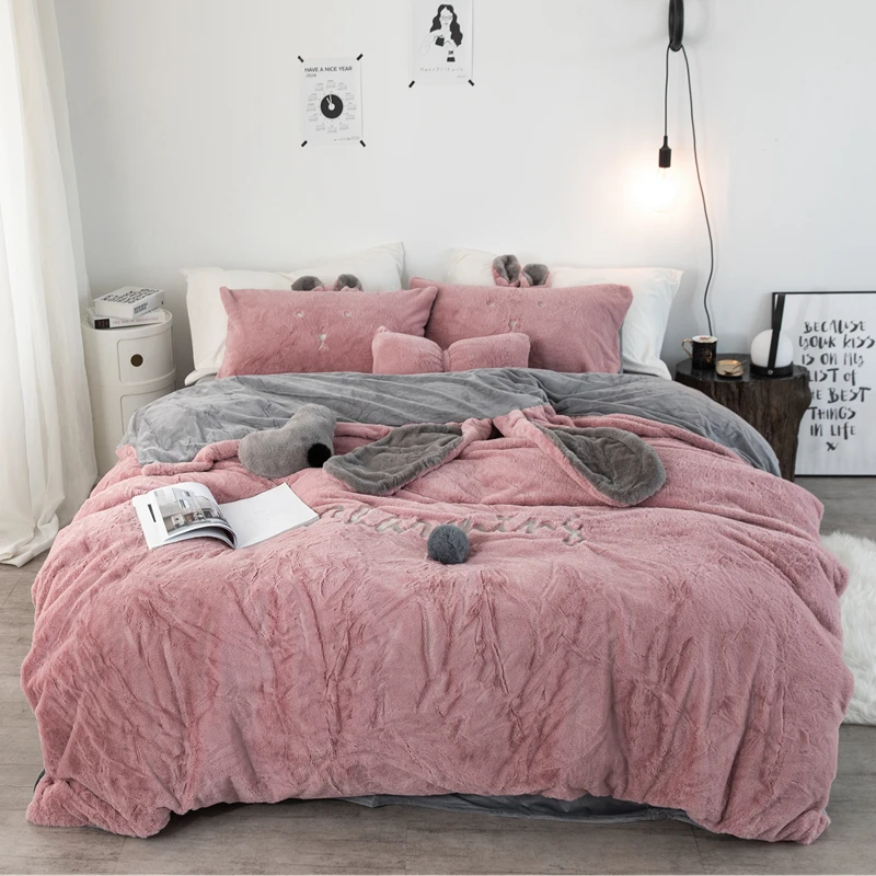 Cartoon Bunny Ears Pure Color Velvet Bedding Sets Flat Sheet Duvet Cover Pillowcase Flannel Winter Warm Bed Linen Queen King #sw | Дом и сад