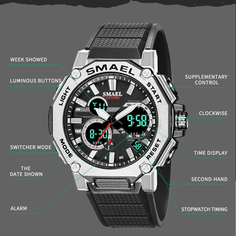 Fashion Sports Watch SMAEL Men's Light Luxury Quartz Watch Military Industrial style Wristwatches Alarm Clock 8047 Men Watches