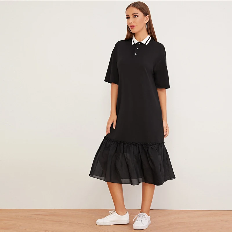 SHEIN/Черное Платье-туника с открытыми плечами и рюшами, женская осенняя одежда с заниженной талией и отложным воротником, повседневные Прямые однотонные платья