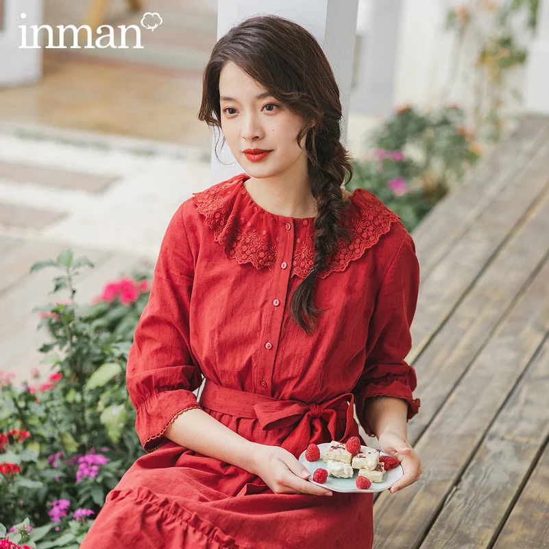 

INMAN 2020 Spring New Arrival Concise Style All-match Pure Color Literary Grilish Cute Long Sleeve Dress
