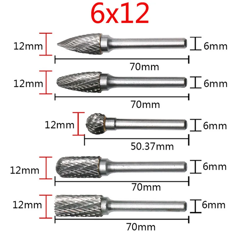 6x12 set of 5 5 шт./компл. карбидная Вольфрамовая сталь Шлифовальная головка 6x10 6x12 мм роторные расточные деревообрабатывающие станки резьба по дереву нож - Цвет: 6x12 set of 5