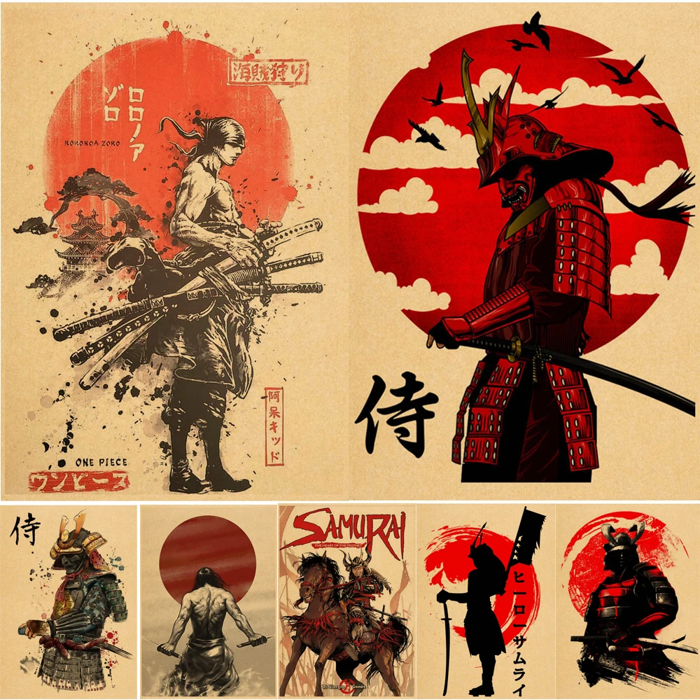 Hot Japanese Samurai Posters Kawaii Kraft Paper Vintage Cartoon Wall Stickers Hoom Art Print Living Room Bar Cafe Decoration | Дом и сад