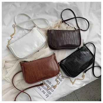 

New 2020 Fashion Crocodile Handbags Pattern Shoulder Women Bag Hand Bag Patent Leather Baguette Shape Handbag PU Crossbody Bags