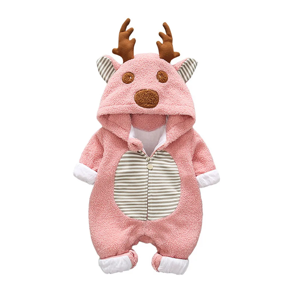 Hooded Baby Rompers New Born Baby Clothes Newborn Fleece Cartoon Winter Coat Warm Jumpsuit Christmas Coat Antlers Outwear Wy4 - Цвет: Розовый