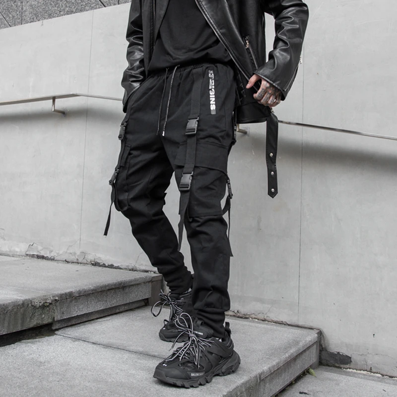 2020 Autumn Side Zipper Pockets Ribbons Men's Jogger Trousers Cotton Hip Hop Streetwear Sweatpants Pencil Pants Black 2020 Autumn Side Zipper Pockets Ribbons Men's Jogger Trousers Cotton Hip Hop Streetwear Sweatpants Pencil Pants Black